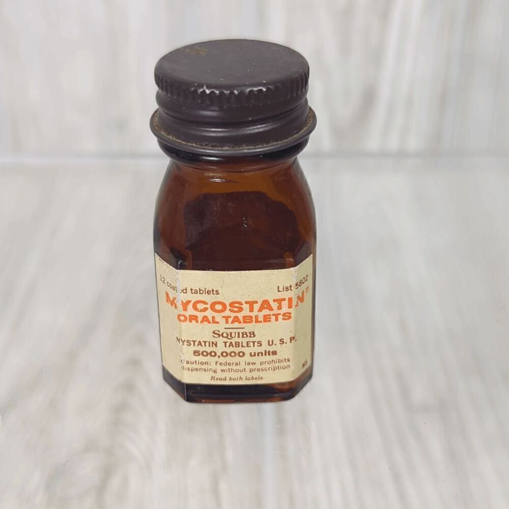Vintage 1971 Squibb Pharmacy Nystatin Tablets Empty Glass Container